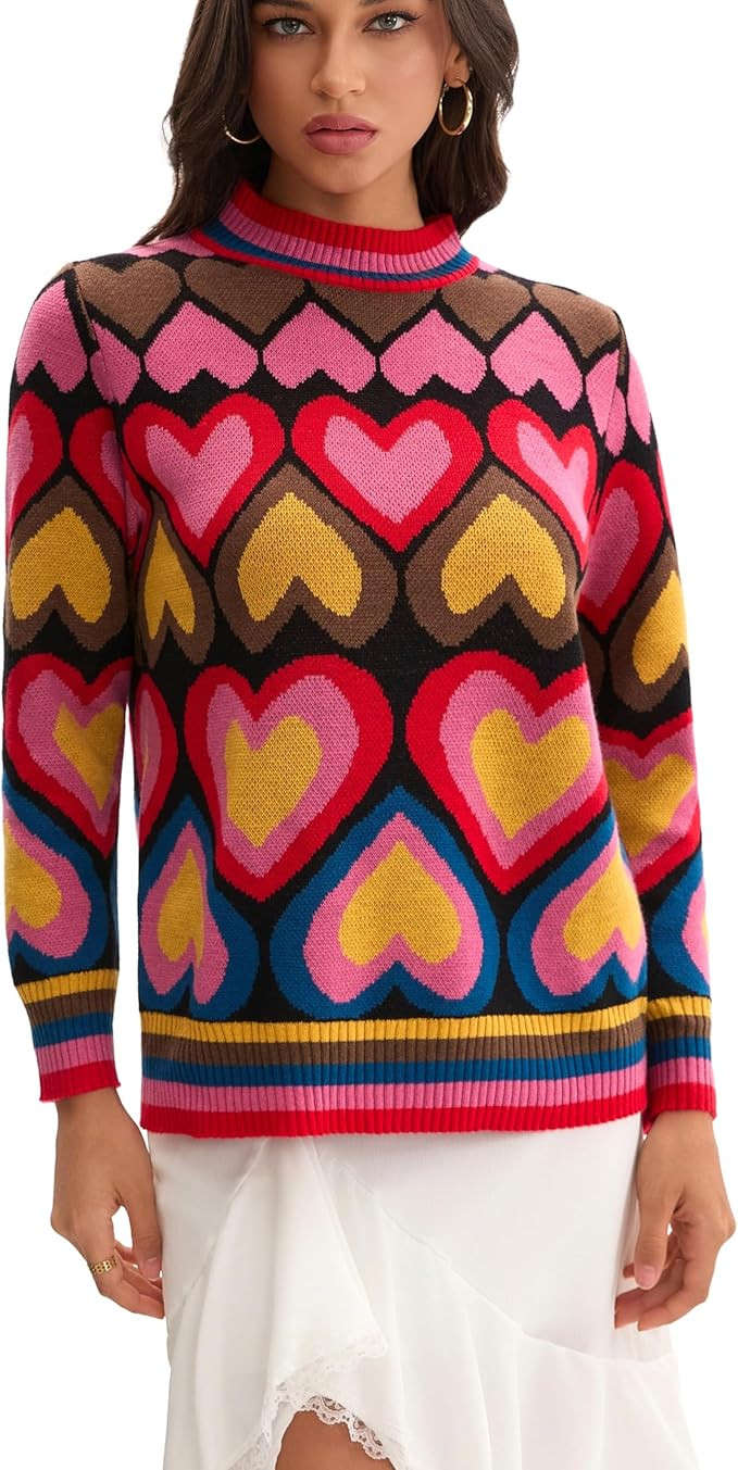 Froggirl Women’s Colorful Heart Pattern Crewneck Sweater – Soft Knit Pullover, Long Sleeve Ju... | Amazon (US)