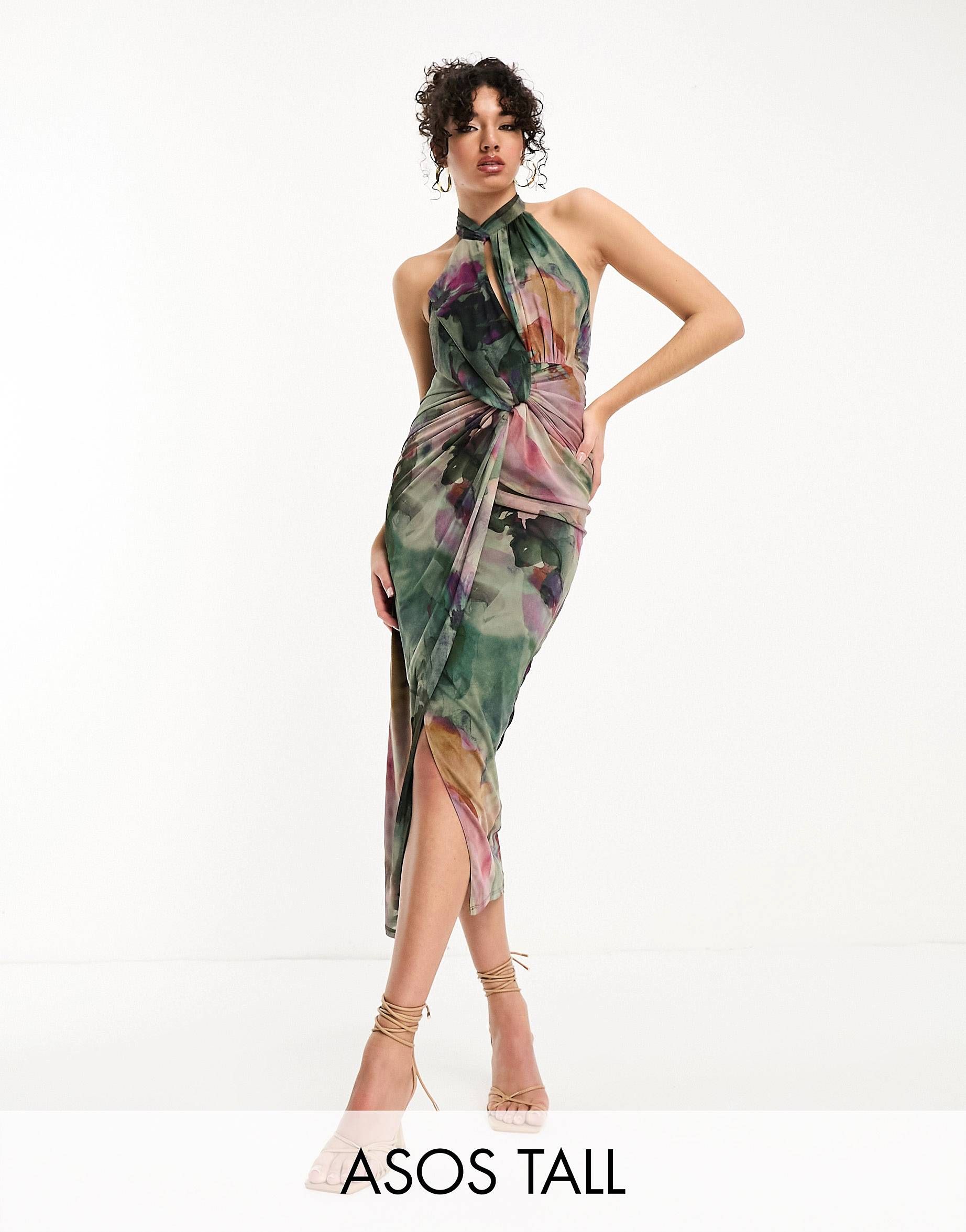 ASOS DESIGN Tall halter neck bodycon mesh midi dress in green floral print | ASOS (Global)