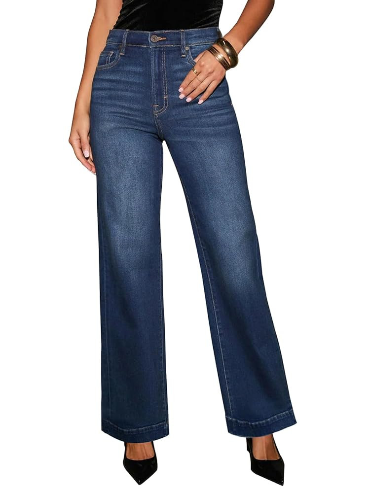 KUNMI Women's Wide Leg Jeans High Waisted Straight Leg Stretchy Denim Pants with Pockets,Amazon OOTD | Amazon (US)