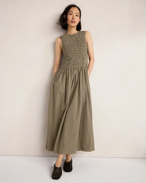 Organic Cotton Poplin Smocked Gingham Maxi Dress | Talbots