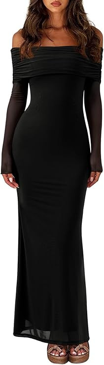 REORIA Women Off Shoulder Long Sleeve Dress Elegant Sexy Stretch Mesh Double Lined Slim Trendy Lo... | Amazon (US)