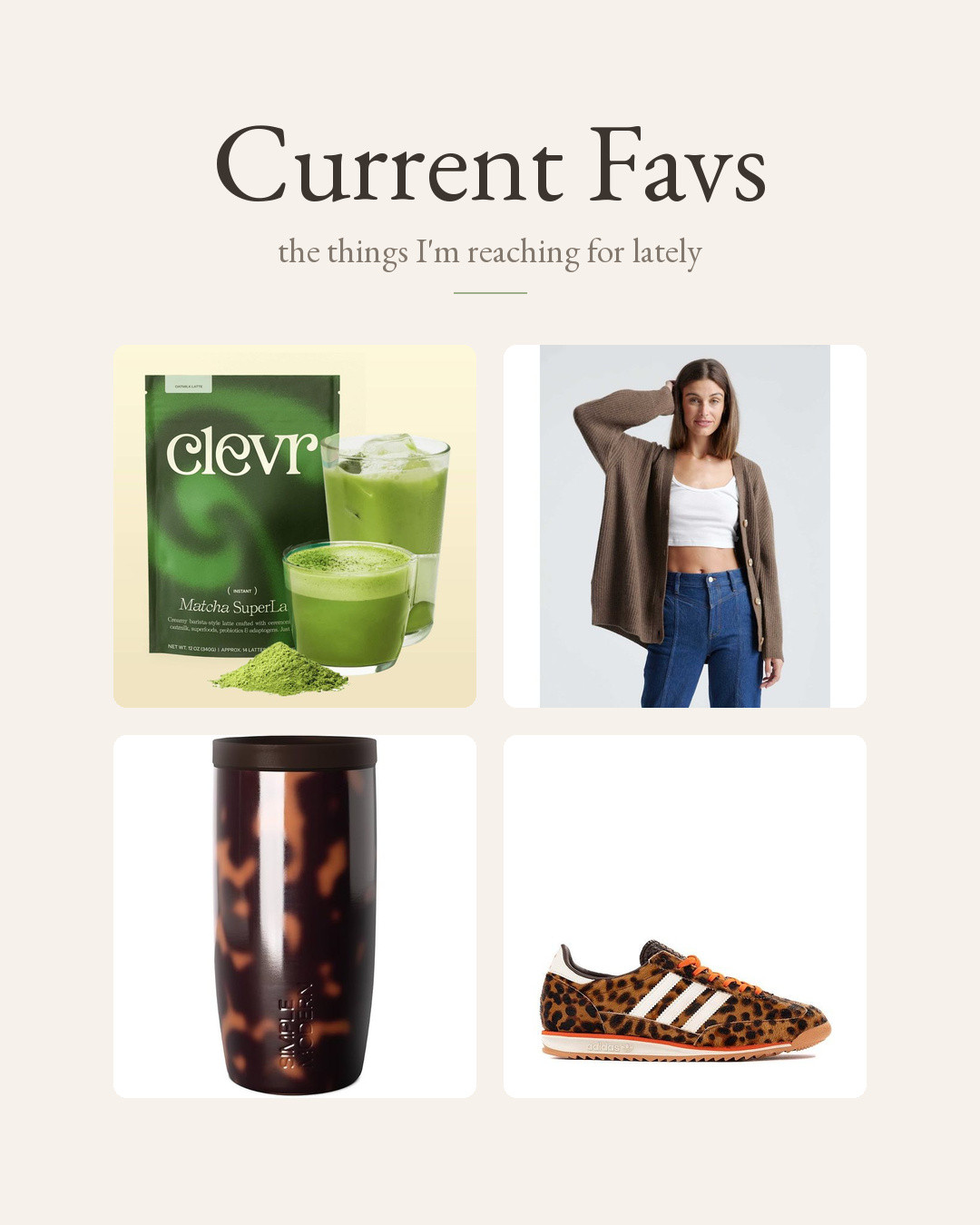 Current favs 🤍 The things I’m reaching for lately, from my morning matcha and tizzy to the coziest cashmere.

Comment FAVS and I’ll send you the links!

Use code INFG-26BRIANNEJ10 for 10% off your first Quince order (non-sale items) 🤍

@clevrblends @shopsimplemodern @onequince @oldnavy @adidas @lolablankets @sealdwellness #QuincePartner #currentfavorites #modernorganic #matchalover #cozystyle #momstyle 

 