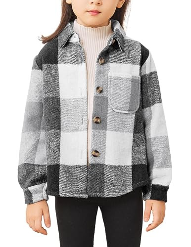 Fdqin Girl Flannel Shirts Size 11-12 Long Sleeve Plaid Jacket Cute Lapel Button Down Shirts Shacket Black White Plaid 11-12 Years | Amazon (US)