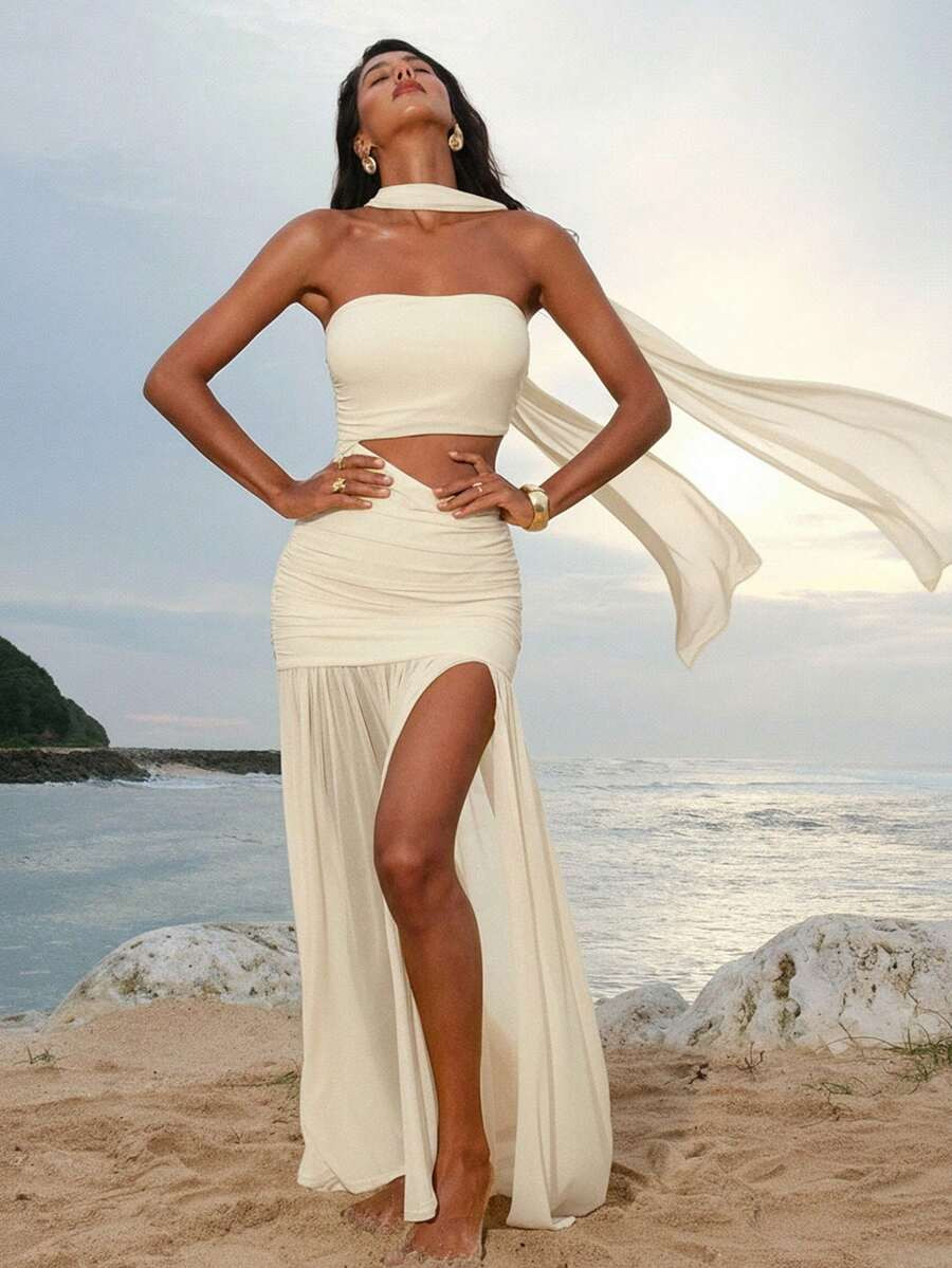 Opulessa Solid Color Knit Cutout Design Fitted Slit Dress For Women, | SHEIN