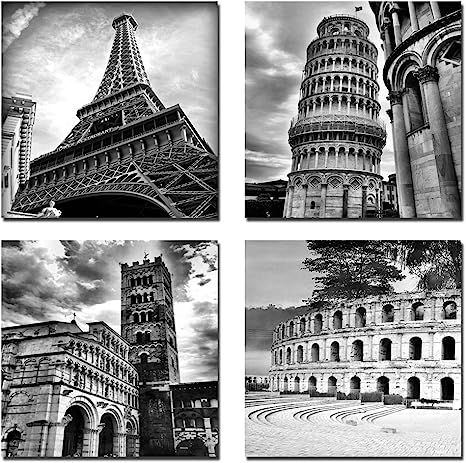 Wieco Art Architectures Modern 4 Panels Giclee Canvas Prints Europe Buildings Black and White Lan... | Amazon (US)