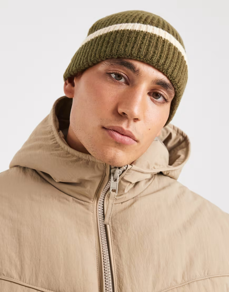 ASOS DESIGN knitted tipped beanie in khaki green | ASOS (Global)