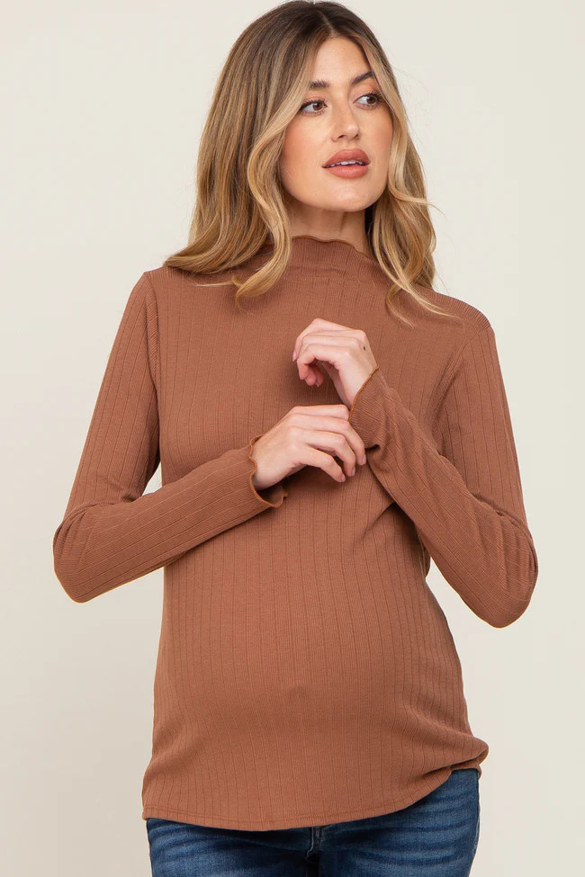 Camel Ribbed Long Sleeve Mock Neck Maternity Top | PinkBlush Maternity