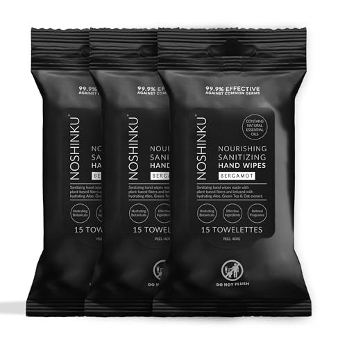 Noshinku – Bergamot Hand Sanitizer Wipes, 3-Pack (45 Towelettes) – Resealable Travel Wipes with Ethyl Alcohol, Aloe & Green Tea, Plant-Based Fiber, Essential Oil Scents, Cruelty-Free & No Dyes | Amazon (US)