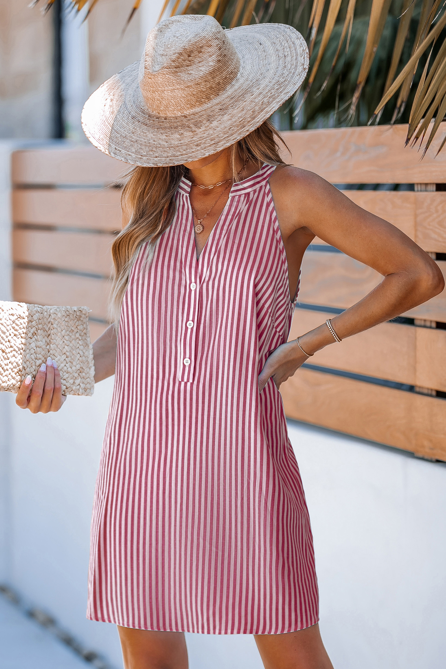 Red Stripe Notched Neck Mini Dress | Cupshe US