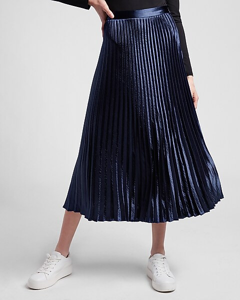 High Waisted Pleated Satin Midi Skirt | Express