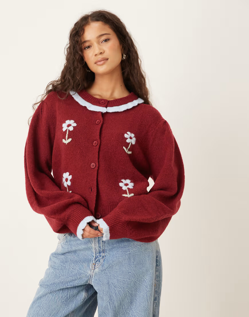 Neon Rose floral frill detailed cardigan in burgundy-Red | ASOS (Global)