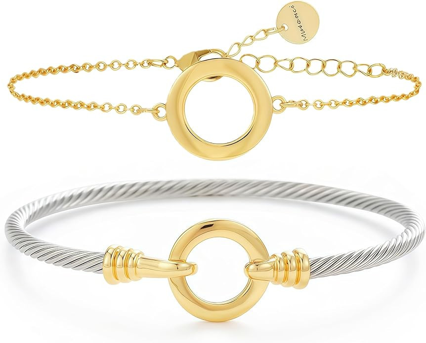 Two Tone Cable Bracelet Set for Women, Elegant Gold and Silver Stackable Wire Cuff Bracelets, Twi... | Amazon (US)