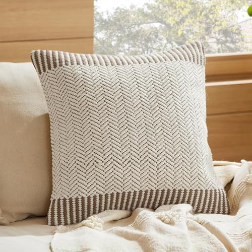 Bedsure Boho Throw Pillow Covers 18x18, Herringbone Decorative Pillow Cover - Cotton Modern Elegant Luxury Woven Pillow Cover, Home Decor for Sofa Couch Bed, White | Amazon (US)