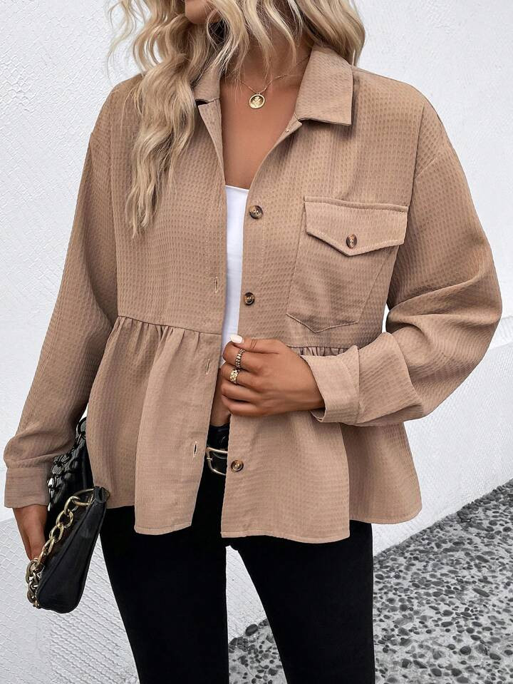 SHEIN Essnce Flap Pocket Drop Shoulder Peplum Hem Button Front Coat | SHEIN