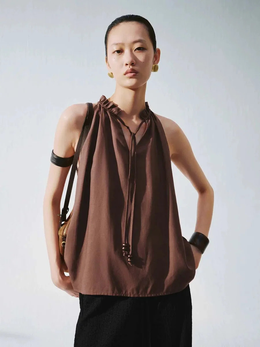 Frill Collar Tie Detail Sleeveless Overhead Shirts | Urban Revivo