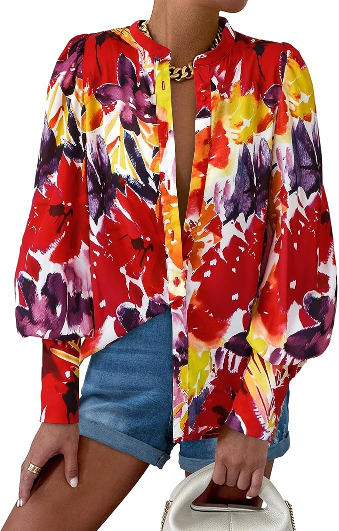 KIRUNDO Blouses for Women Dressy Casual Boho Floral Button Down Long Sleeve Shirts Lightweight Sp... | Amazon (US)