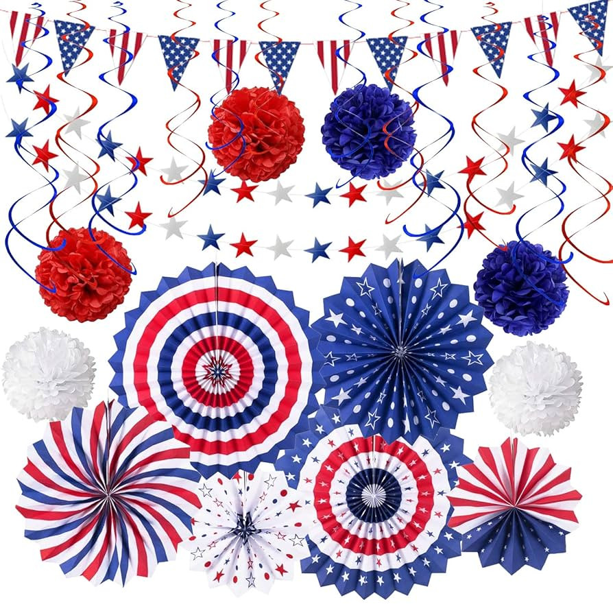 4th of July Patriotic Party Decorations 27 PCS Set, 6 Paper Fan, 6 Flower Ball, 1 USA Flag Pennan... | Amazon (US)