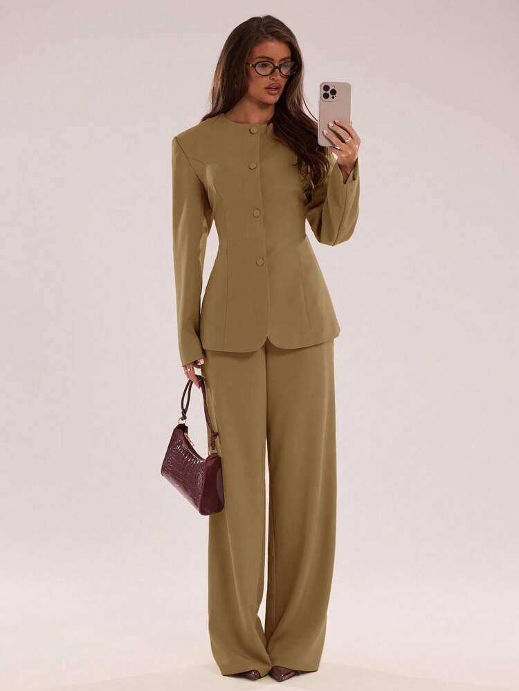 SHEIN BAE Women's Fashion Business Suit Jacket And Pants 2 Pieces Set | SHEIN