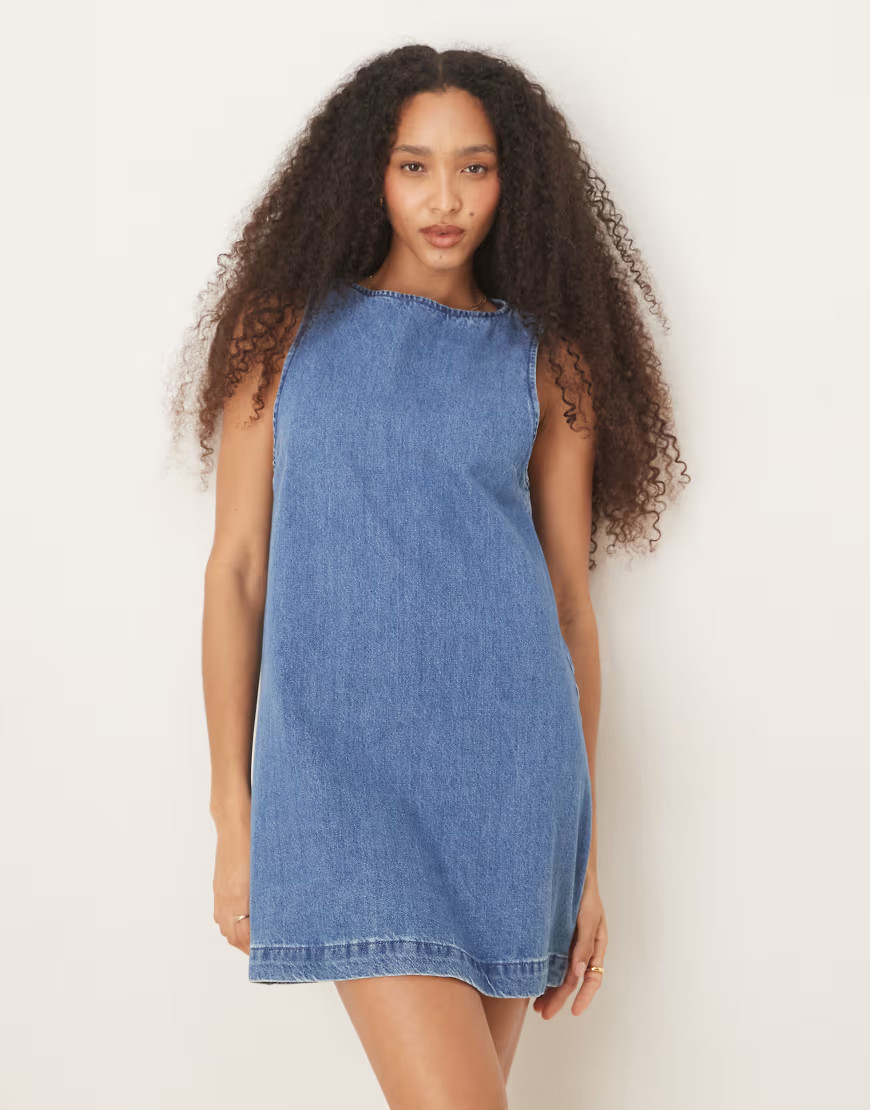 ASOS DESIGN denim mini shift dress in midwash blue | ASOS (Global)