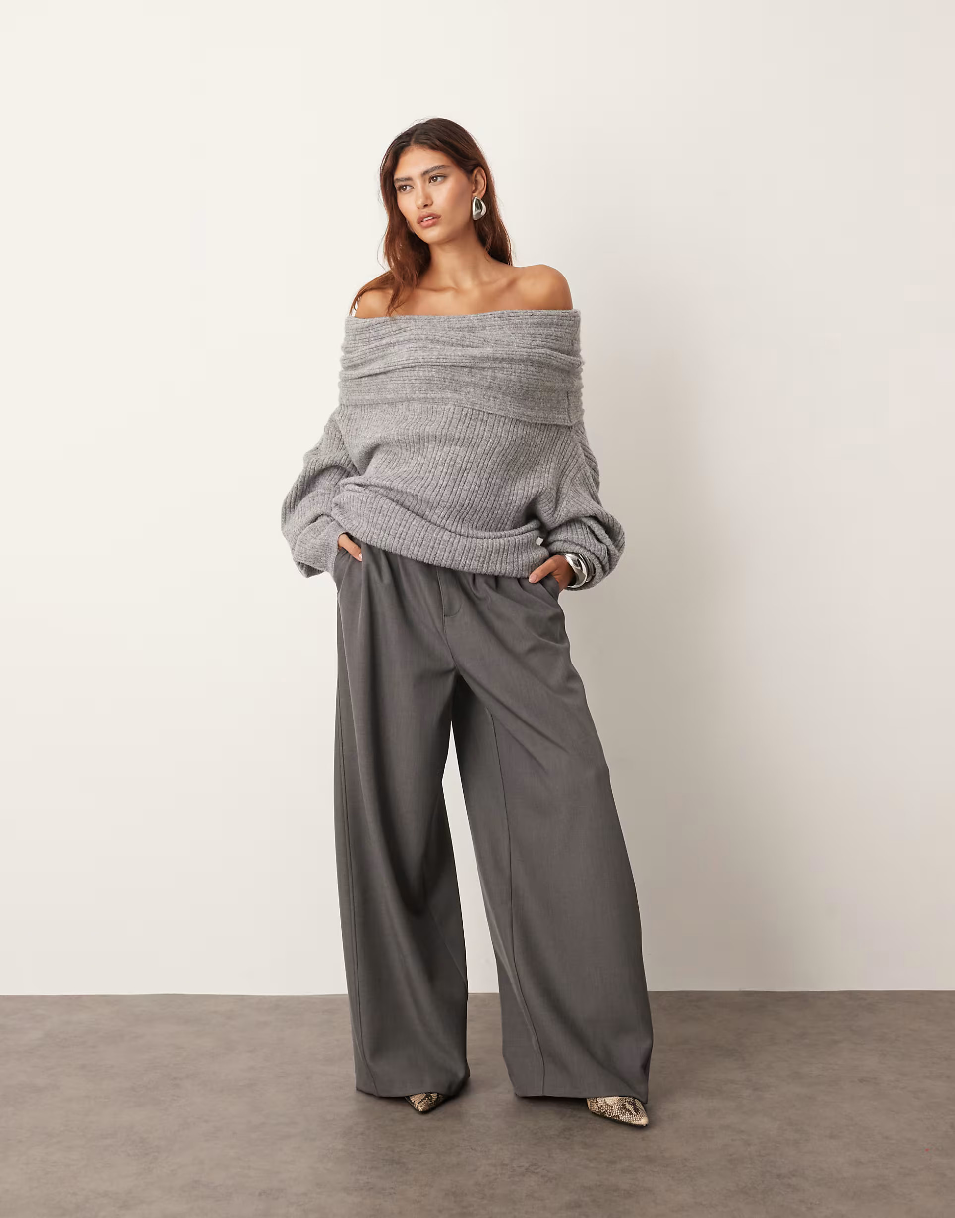 ARRANGE chunky rib knit off-shoulder sweater in charcoal | ASOS (Global)