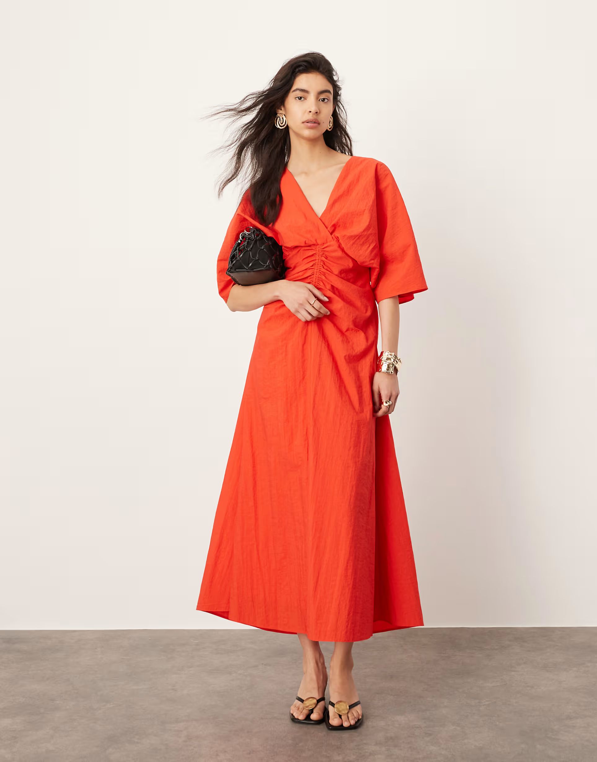 ASOS EDITION textured wide sleeve midi dress with ruched waist in red | ASOS (Global)