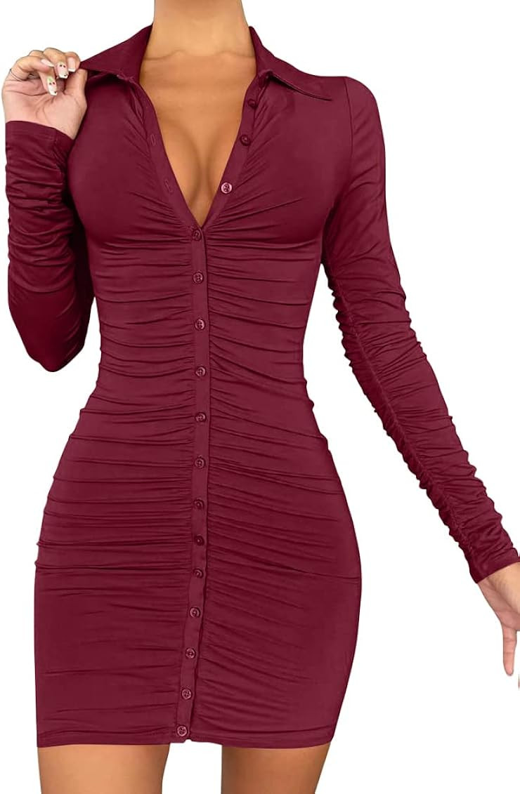 DAAWENXI Women's Sexy Long Sleeve Ruched Button Down Front Mini Shirts Dress | Amazon (US)
