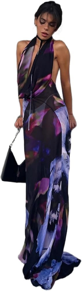 Women's Sexy Purple Print Backless Maxi Dress Elegant Sleeveless Draped Cowl Neck Bodycon Summer ... | Amazon (US)