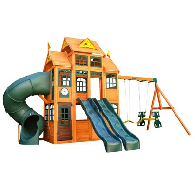 Falcon Ridge Wooden Swing Set with Kitchen, Slides and Glider | Wayfair North America