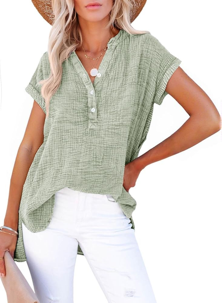 Dokotoo Women's Summer 2026 Boho Tops Casual Button Short Sleeve V Neck Shirts Solid Cotton Blous... | Amazon (US)