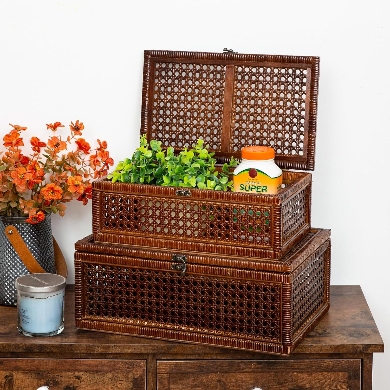 Rattan Box With Lids,Antique Color Rattan Decorative Box with vintage metal clasps,Size:14.96" x ... | Amazon (US)