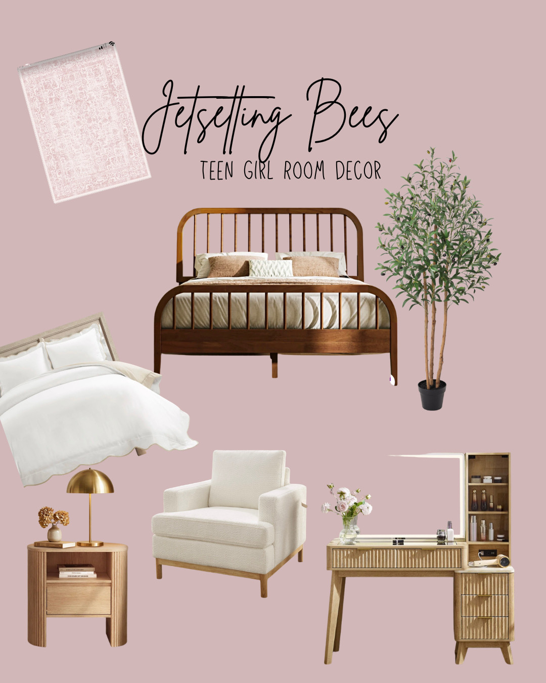 Teen girl room inspiration 🎀🤎 

Creating a space that feels feminine and cozy without feeling too young. I love the mix of soft blush pink, warm wood tones, crisp white bedding, vintage-inspired details, and touches of gold. These teen bedroom finds would also be so cute for a college apartment or dorm upgrade!

Shop the bed, pink rug, nightstand, vanity, accent chair, bedding, lighting + decor below. ✨
 

 #LTKdayinmylife #LTKU #LTKHome