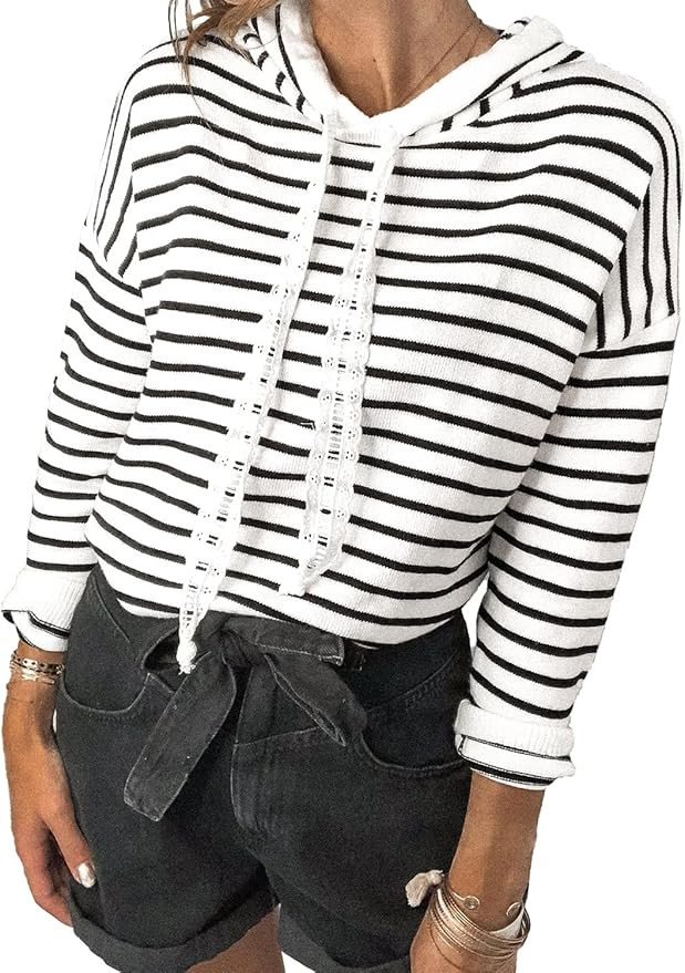 BTFBM Women Casual Sweater Hoodies Lace Drawstring Long Sleeve Knit Pullover Tops Solid Color Str... | Amazon (US)