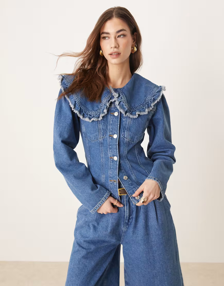 ASOS DESIGN denim jacket with frill collar and seam detail - part of a set-Blue | ASOS (Global)