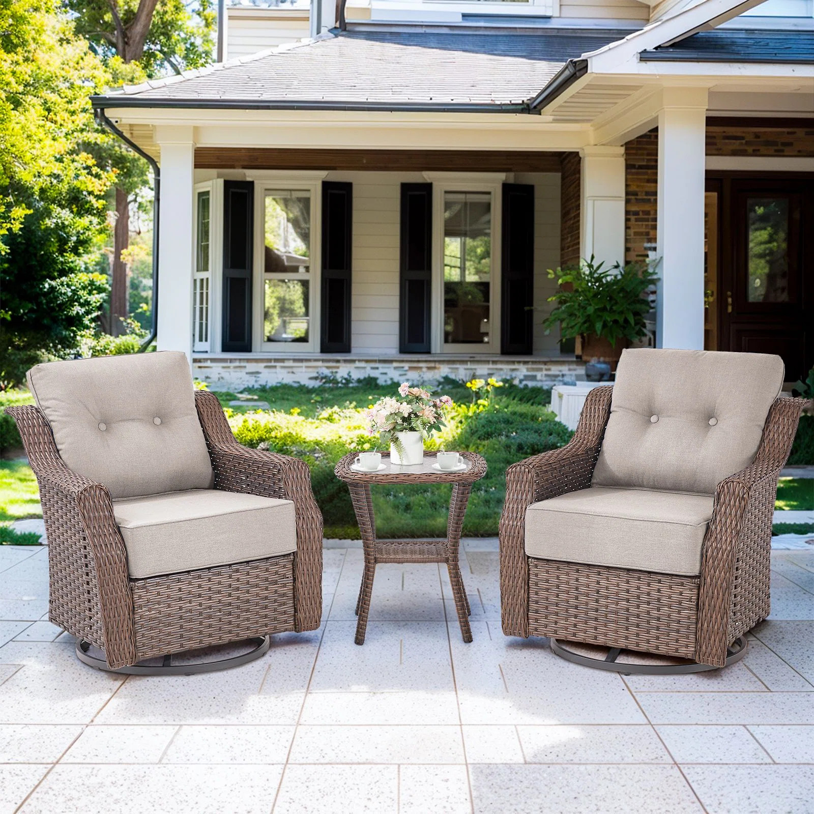 Outdoor Wicker Swivel Glide Chair Set with Cushions | Wayfair North America