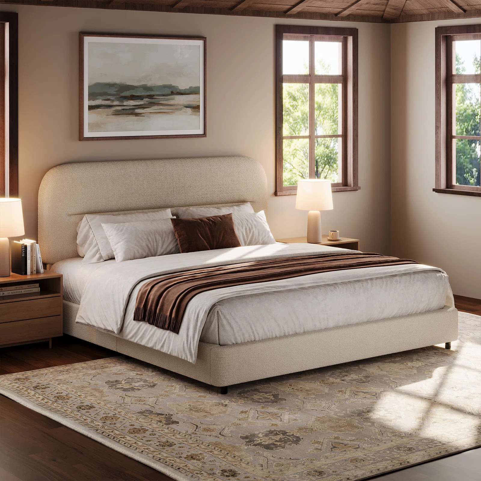 Manfred Boucle Upholstered Cloud Bed Frame with Rounded Corners Headboard, Soft Platform Bed Frame with Thickened Footboard | Wayfair North America