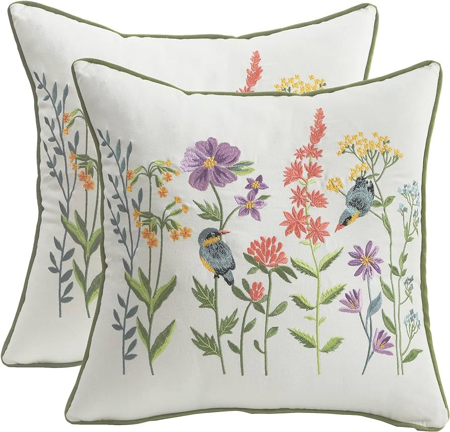 Tosleo Embroidered Throw Pillow Covers 18x18 Set of 2,Flowers Pillow Cushion Cases,Farmhouse Deco... | Amazon (US)