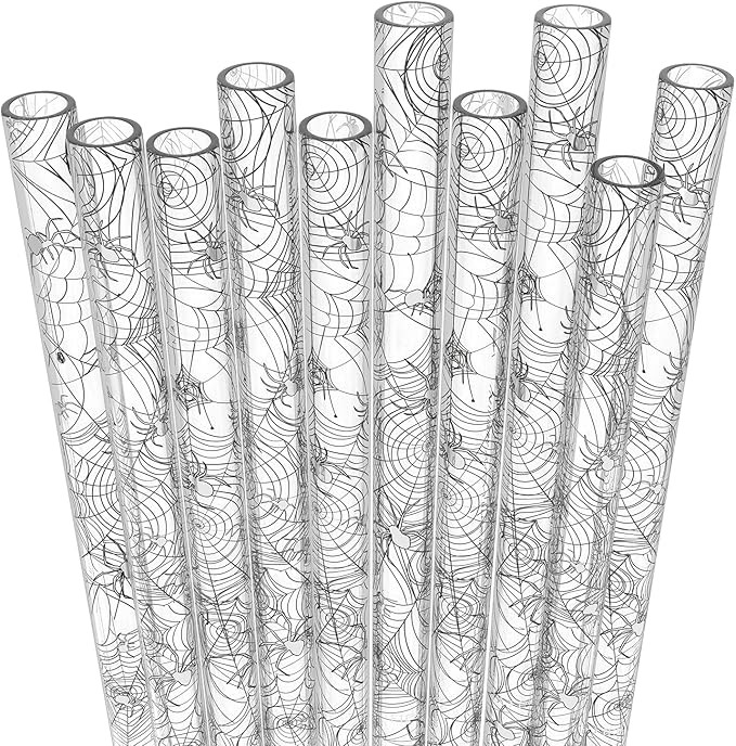 Fiesta First 10 Short Reusable Transparent Hard Plastic Drinking Straws, Halloween Spiders Web Pr... | Amazon (US)