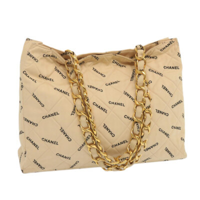 CHANEL Chain Tote Bag Canvas Beige CC Auth 69057A | eBay US