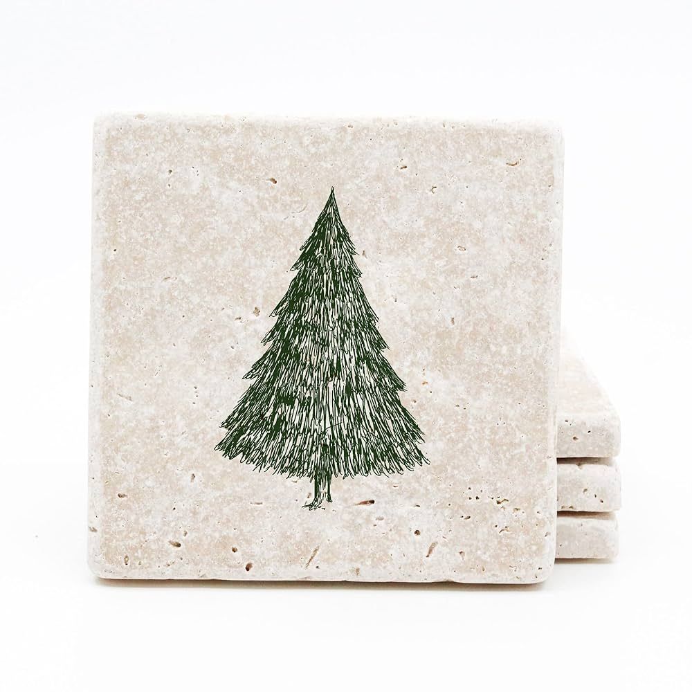Christmas Tree Travertine Drink Coasters - Set of 4 stone coasters | Amazon (US)