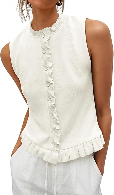 Saodimallsu Womens Sleeveless Sweater Vest Ruffle Button Down Knit Tank Top Summer Trendy Going O... | Amazon (US)