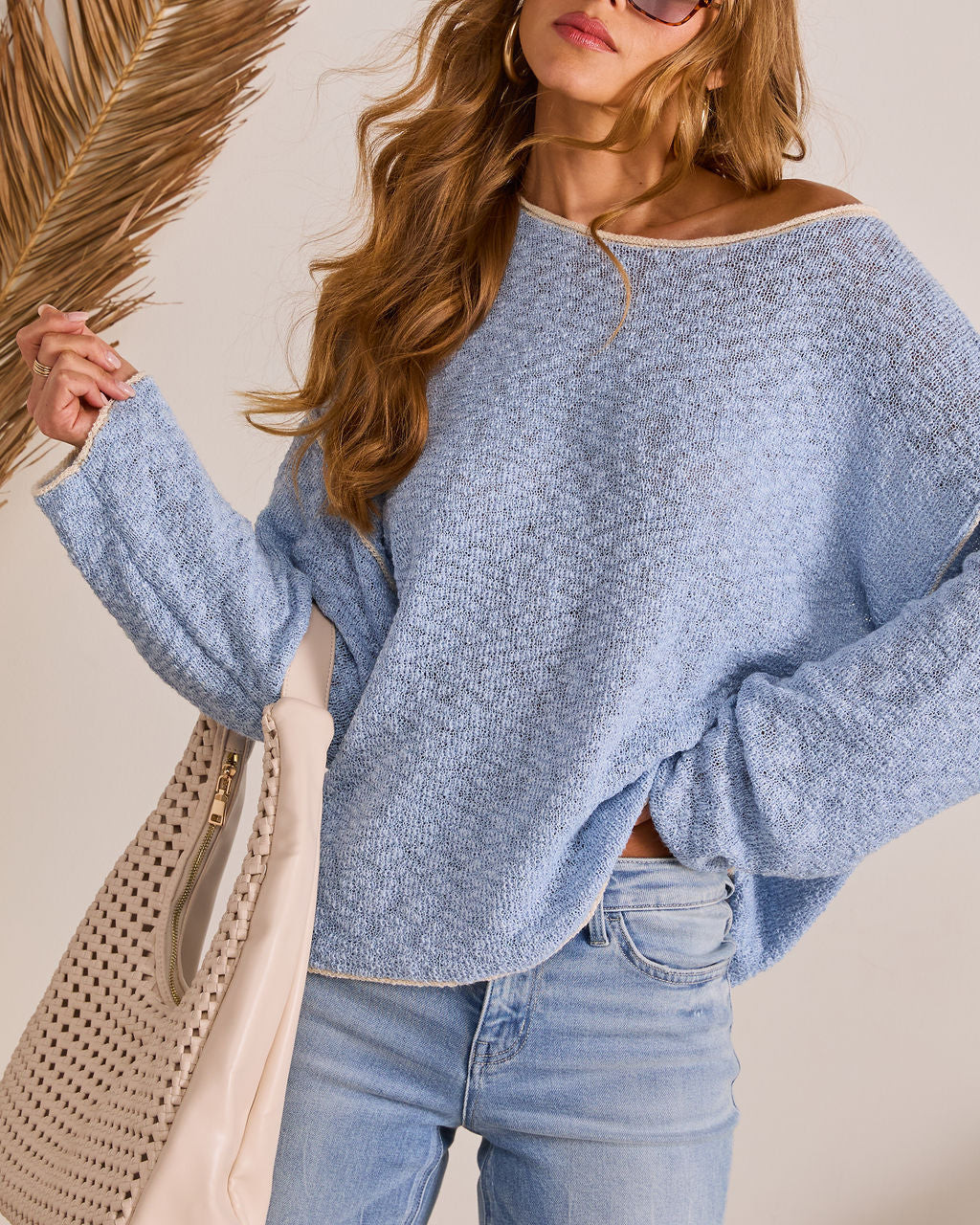 Plush Horizon Off The Shoulder Contrast Trim Sweater | VICI