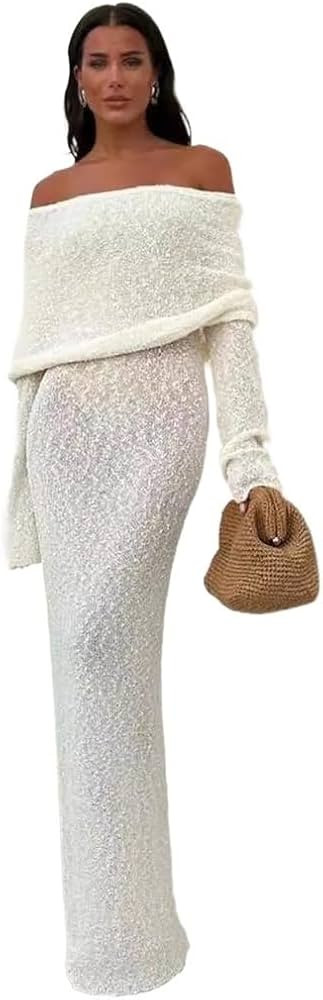 Women's Autumn Dresses Women's Fall Off Shoulder Maxi Bodycon Dress Long Sleeve Fitted Club Dress... | Amazon (US)