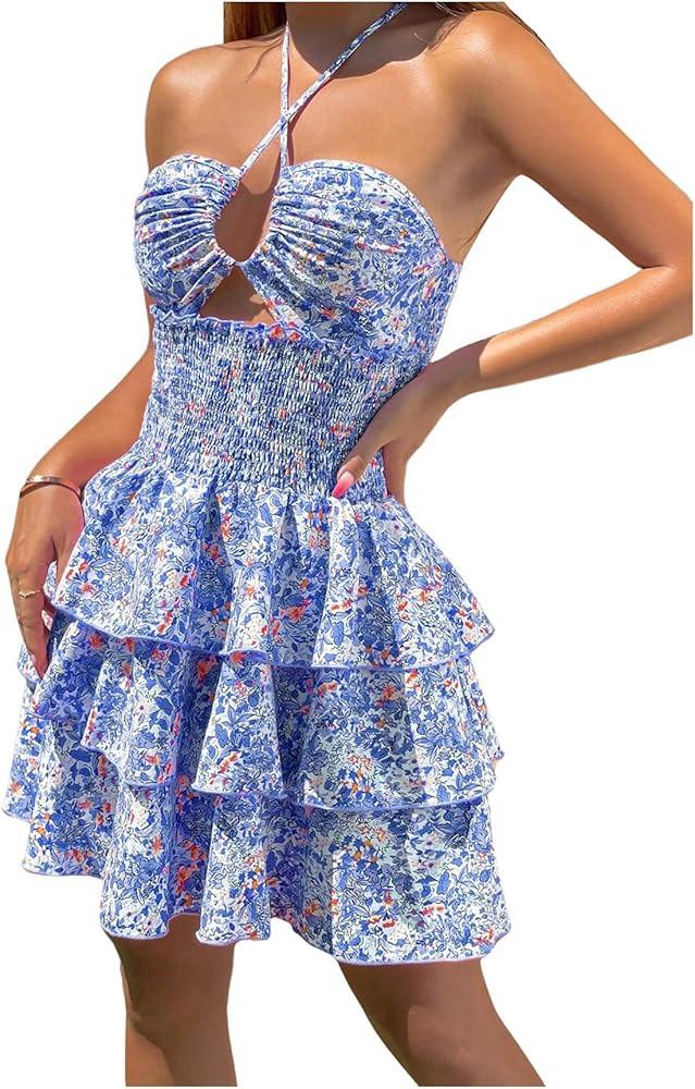 WDIRARA Women's Floral Print Sleeveless Cut Out Criss Cross Layered Ruffle Halter Dress | Amazon (US)