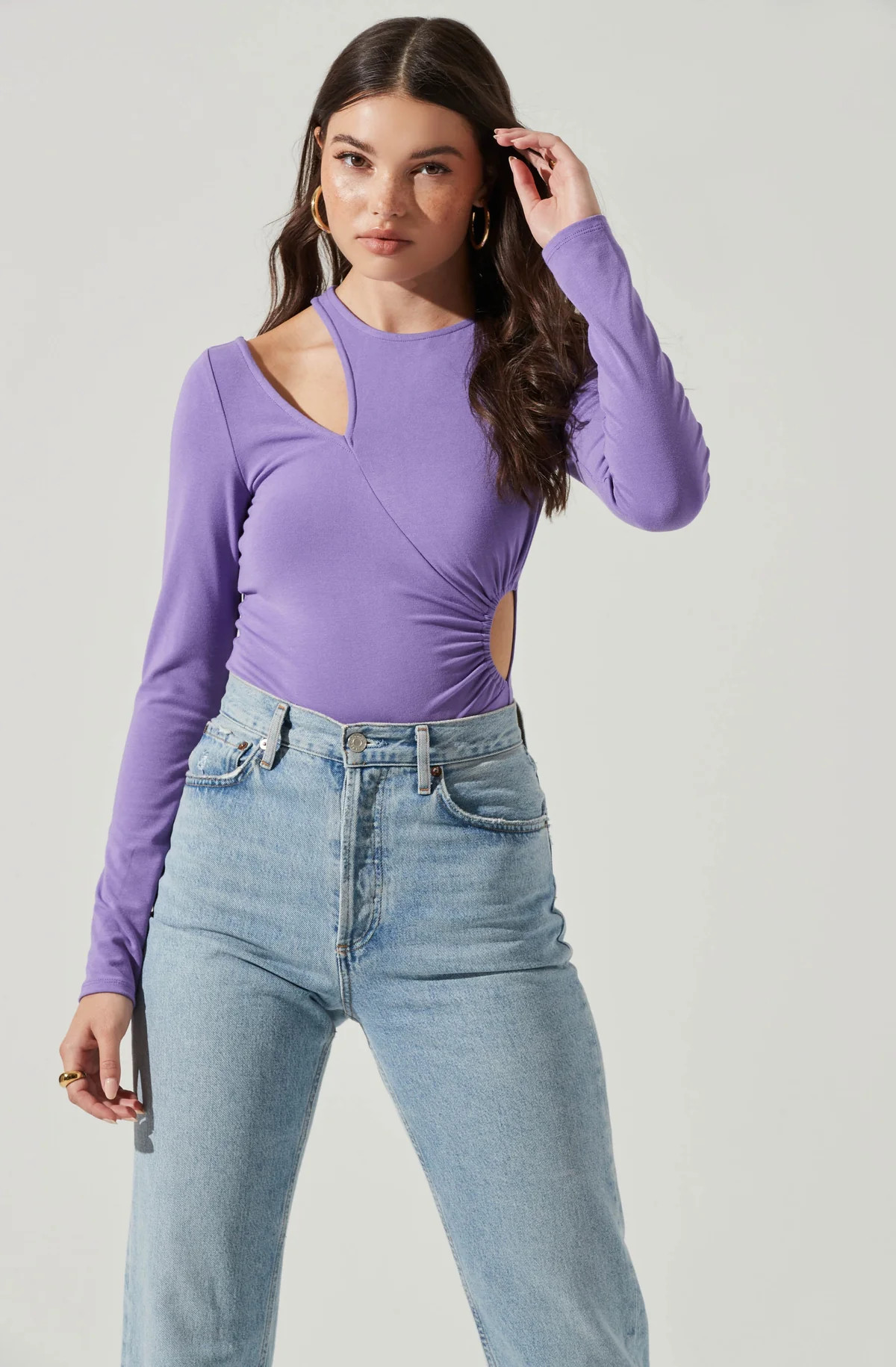 Long Sleeve Asymmetrical Cutout Bodysuit | ASTR The Label (US)