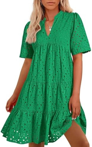 ebossy Crochet Eyelet Embroidered Tunic Dress for Women V Neck Short Sleeve Swing Flowy Ruffle Su... | Amazon (US)