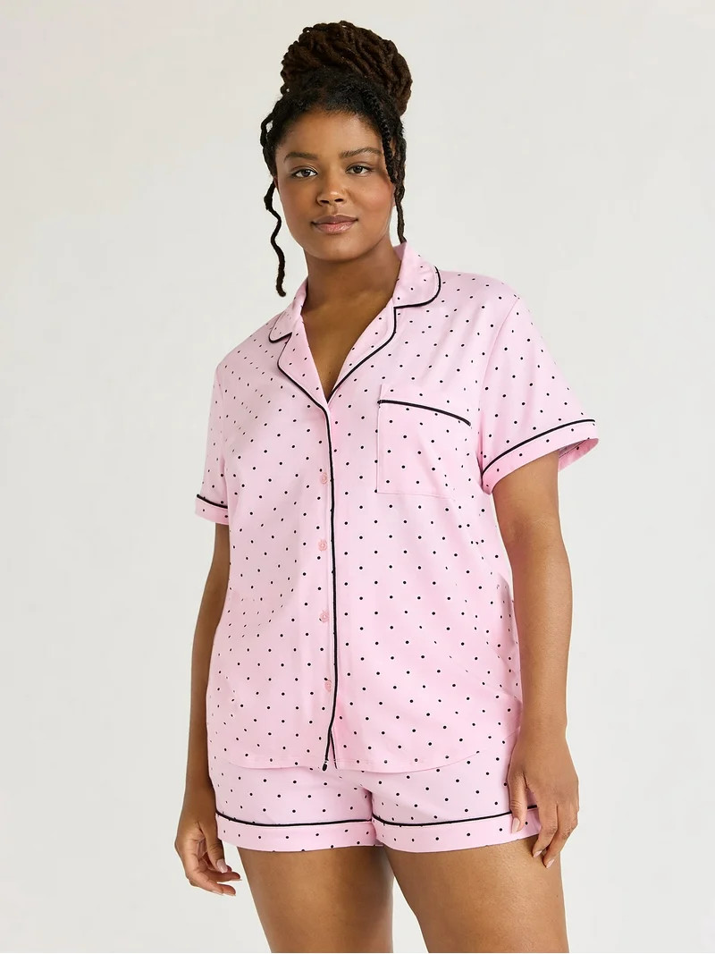 Joyspun Women's Cotton Blend Notch Collar Top and Shorts Pajama Set, 2-Piece, Sizes S to 4X | Walmart (US)