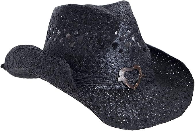 Vented Straw Cowboy Hat w/Wood Heart Band –Shapeable Cowgirl Western | Amazon (US)