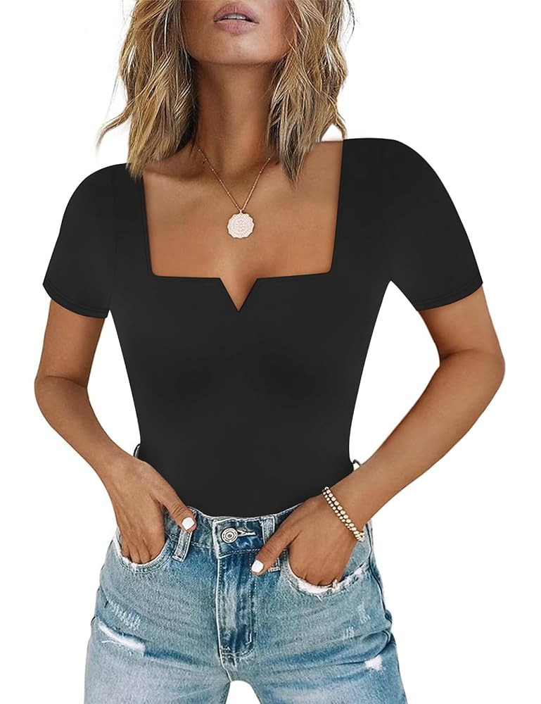 Chunpin Women's Square Neck Notch V Neck Bodysuit Short Sleeve Long Sleeve Tops Double Lined Thon... | Amazon (US)