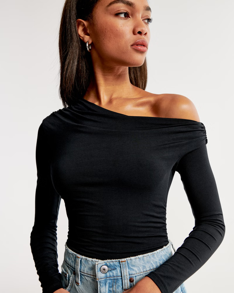 Long-Sleeve Asymmetrical Draped Bodysuit | Abercrombie & Fitch (US)