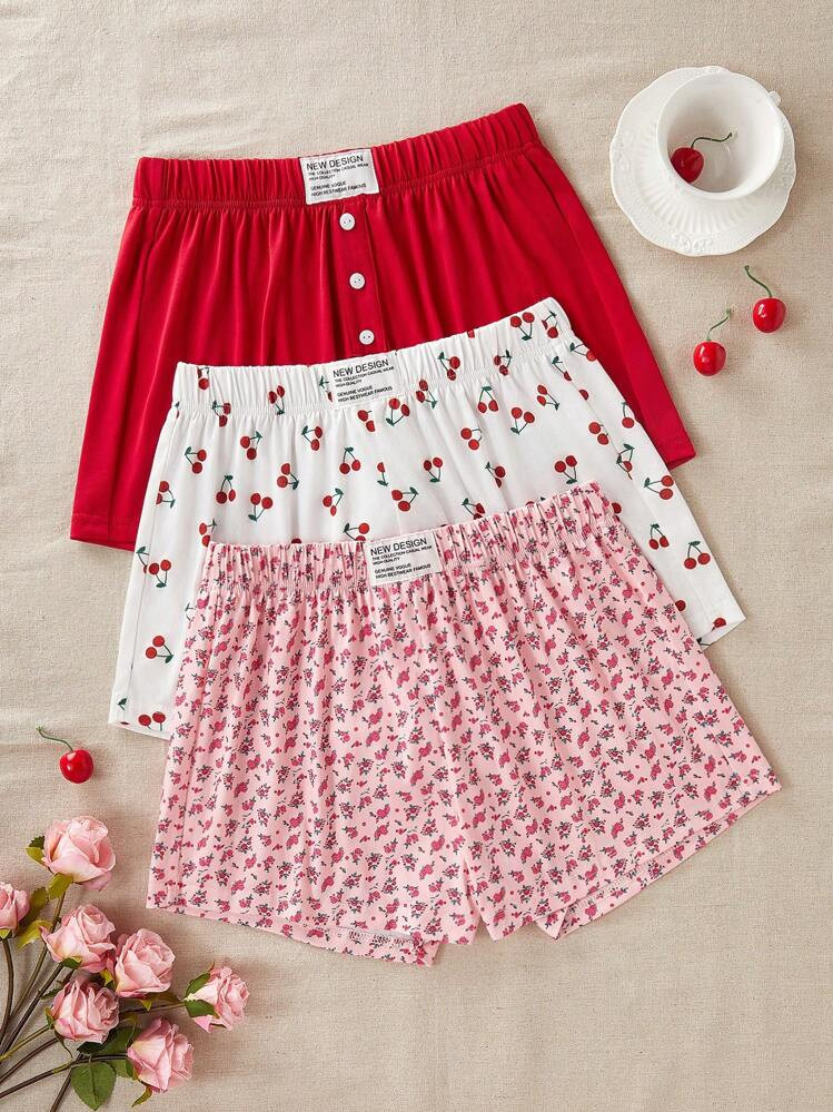 CottageSlumber 3pcs Printed Casual Sleep Shorts Set For Women Bountiful Floral Splendor | SHEIN